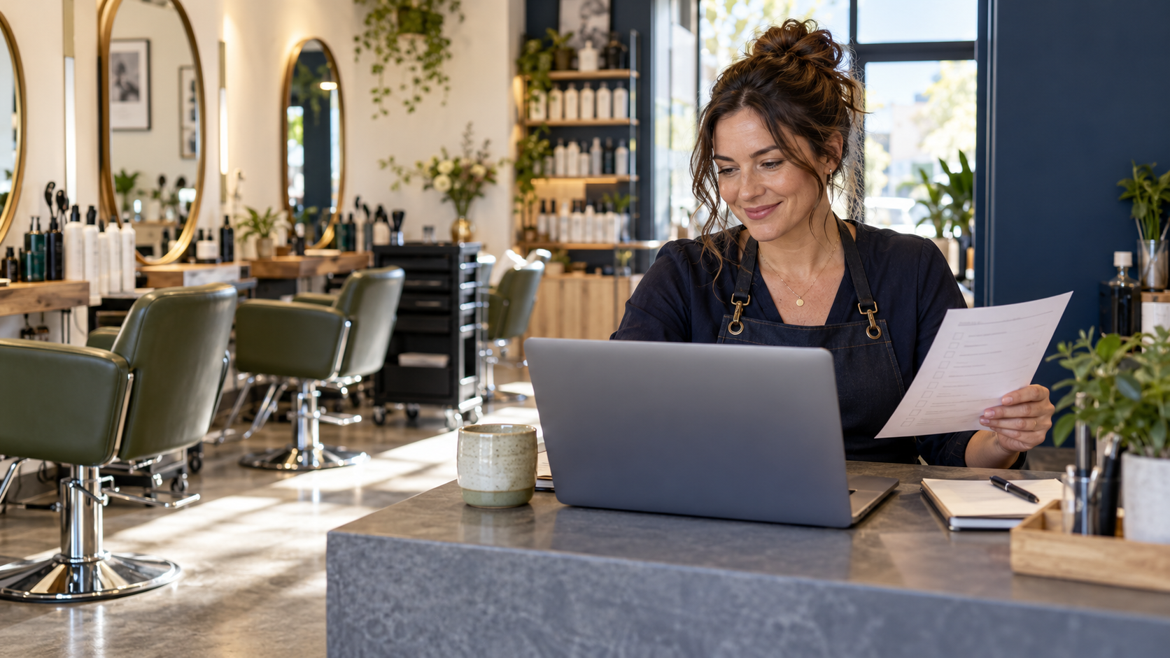 Illustrative small-business owner working on a laptop in a salon